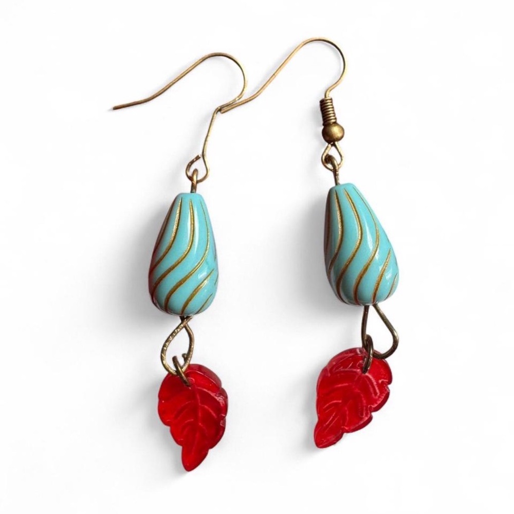 🌿 Handmade Teal & Red Leaf Drop Earrings - Boho/Cottagecore